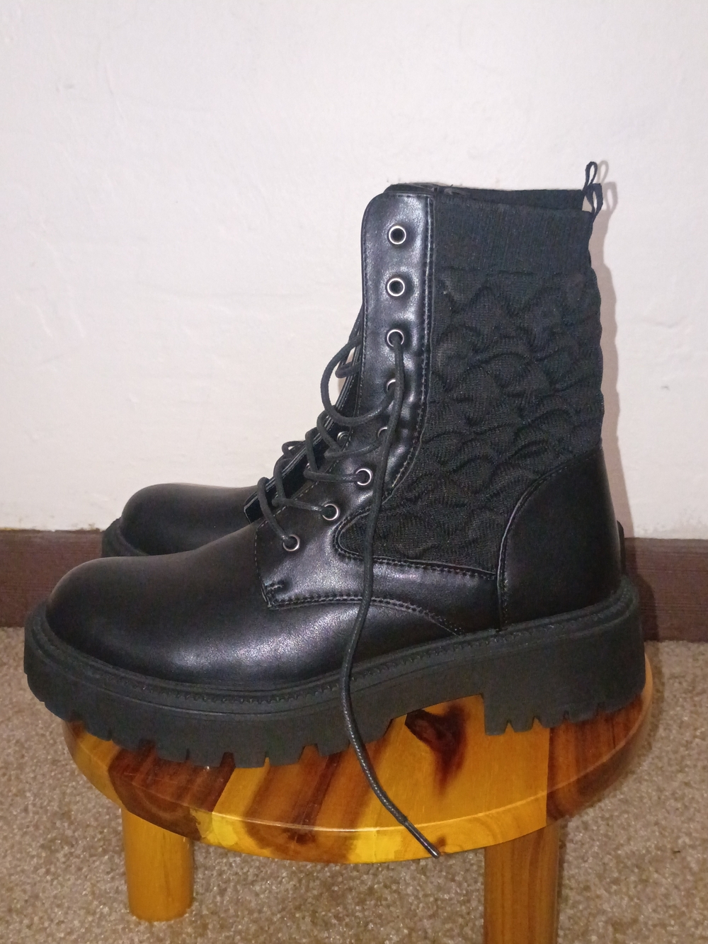 White Mountain Black Lace-Up Combat Boots with Knit Ankle